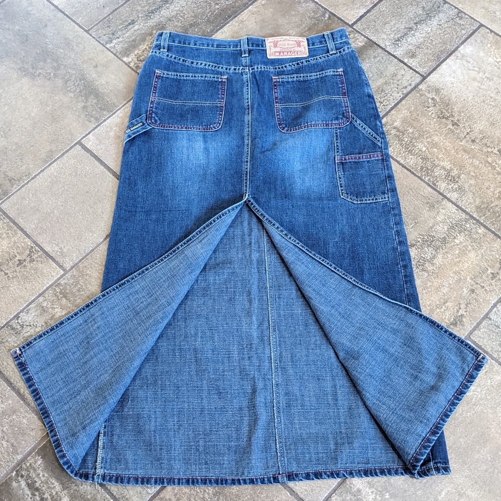 Manager Denim Vintage Vibes Maxi Cargo Skirt Fall Academia Casual Size 32 Blue